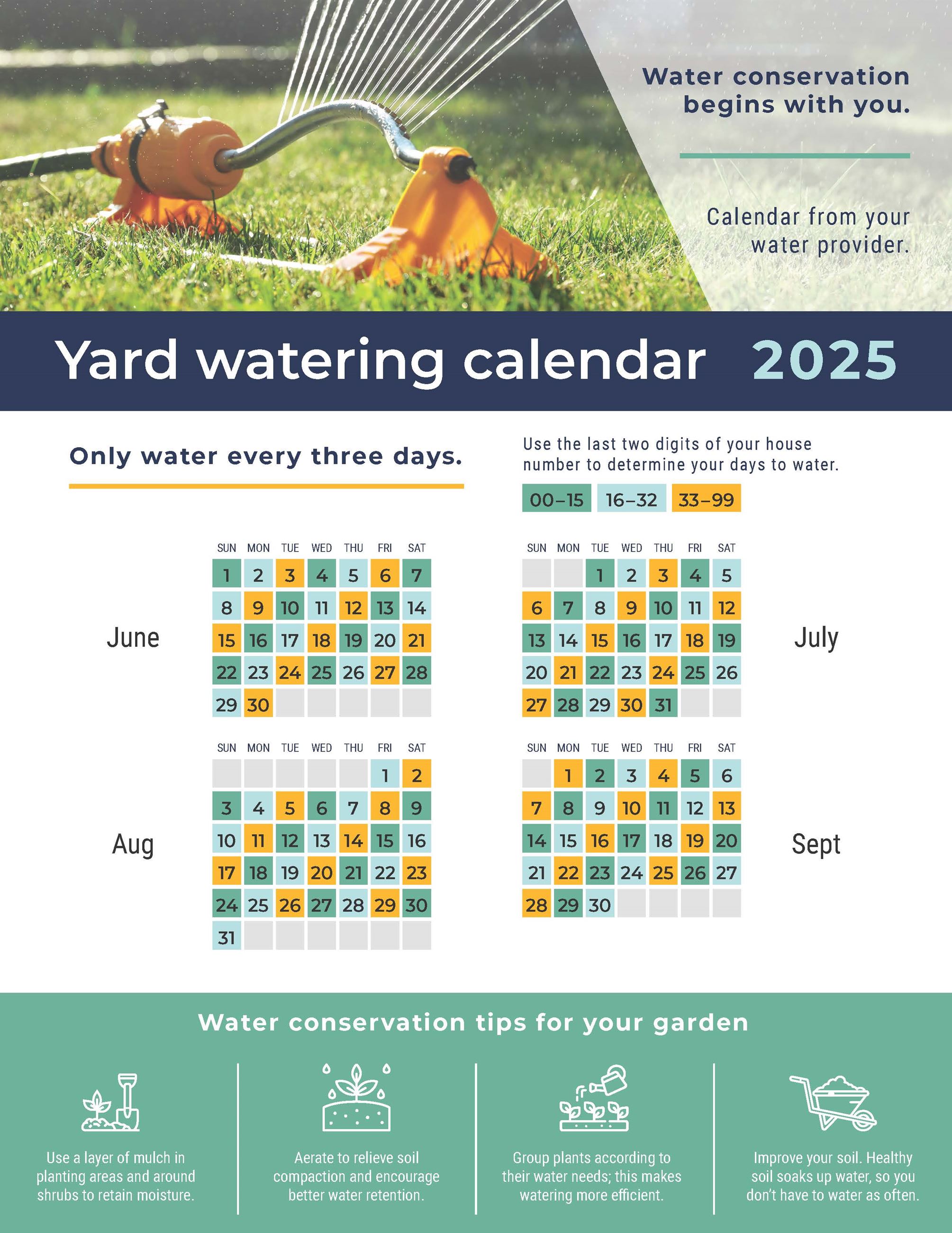 This graphic shows a calendar for summer with suggestions and tips on when to water your plants. 