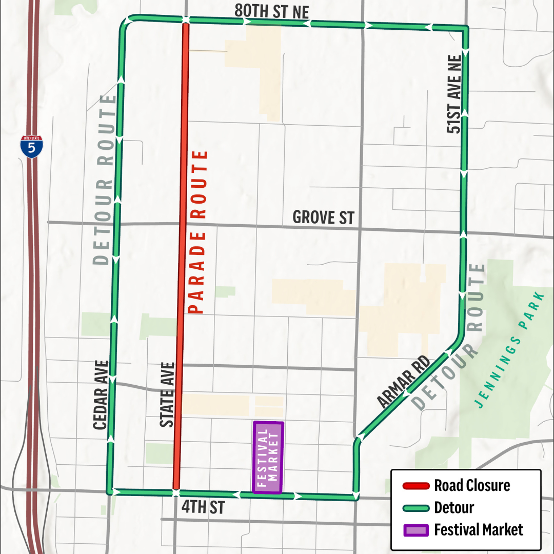 Traffic detour map for Strawberry Festival parade on Saturday, June 21