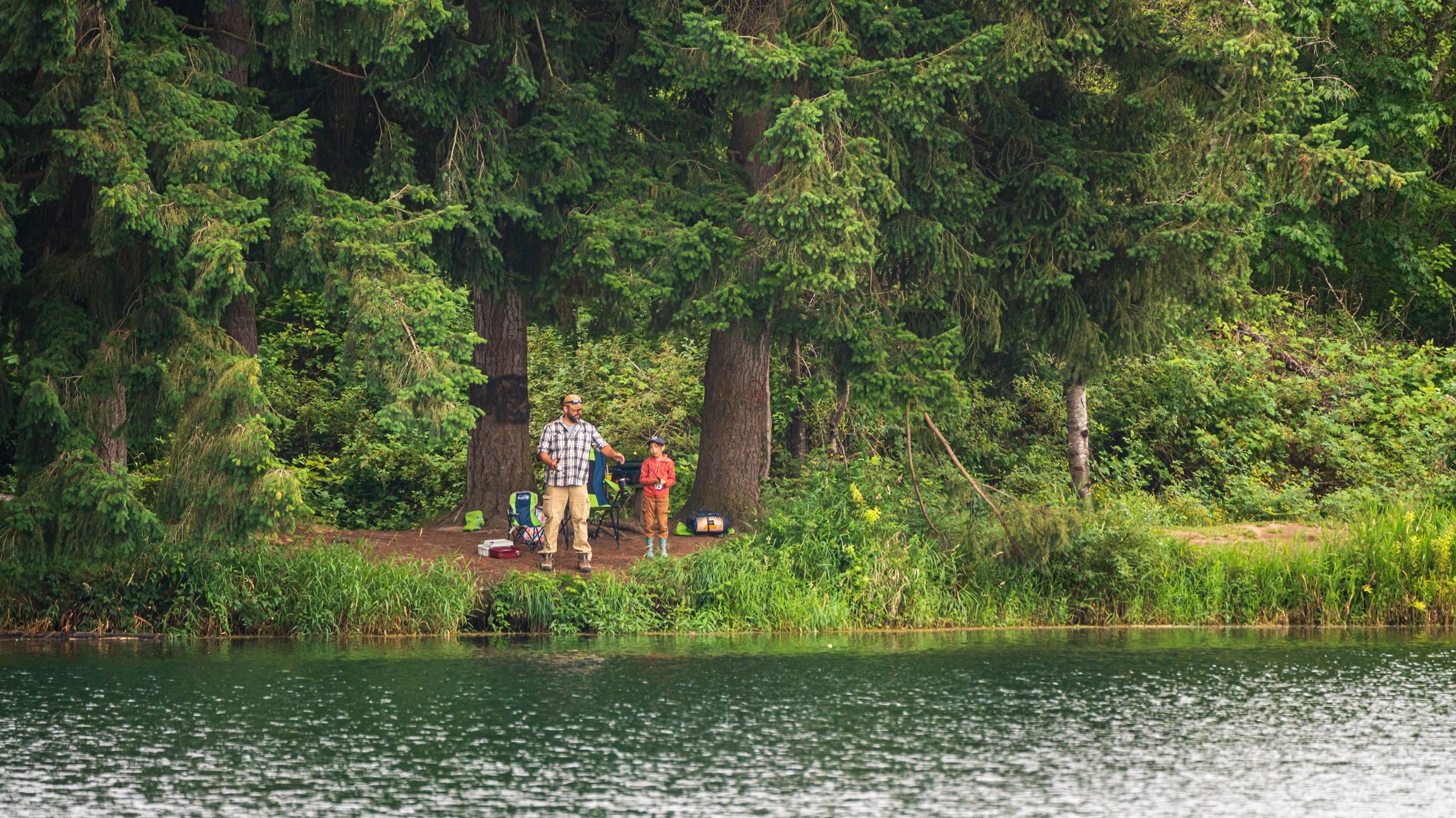 Man and boy with fishing rod on lakeshore at Gissberg Twin Lakes Park surrounded by large trees