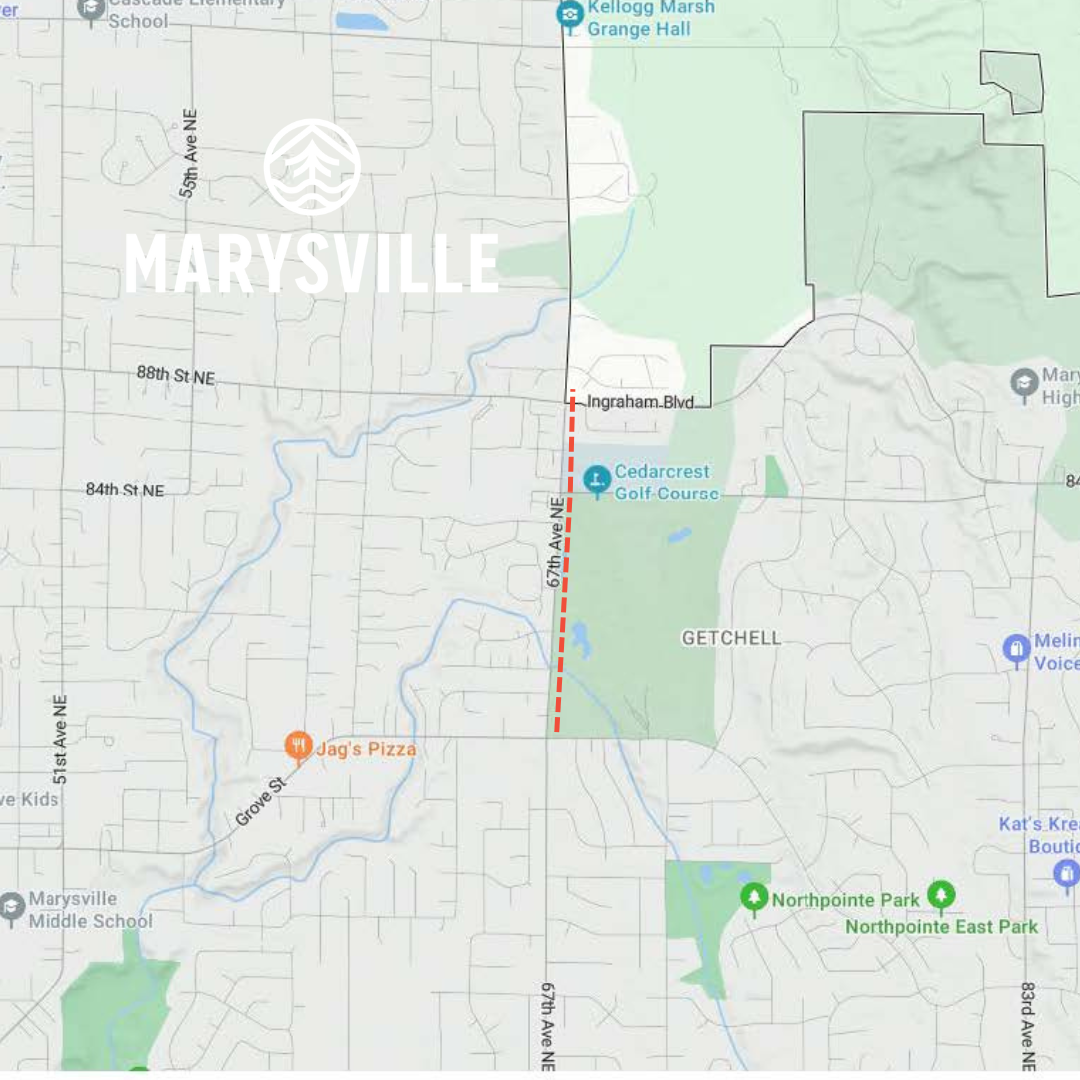 Map showing 67th Ave NE construction area between Grove St & 88th St NE