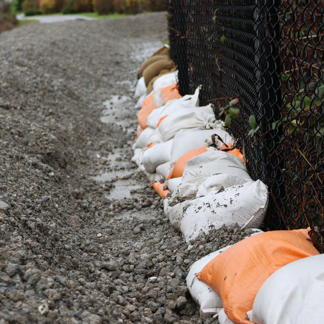 Sandbags and berm protect Ebey Waterfront Trail in Marysville, WA 